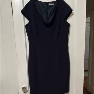 Calvin Klein Black Sheath Dress with Cowl Neck and Flutter Cap Sleeves